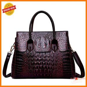 Large Satchel Handbag with Crocodile Pattern, Top Handle & Detachable Strap